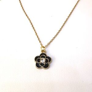 Camellia Necklace Gold Black Handmade Enameled Pendant Stainless Steel 18”